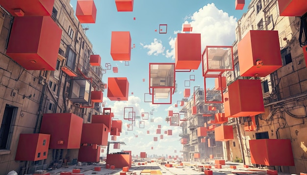 Paisagem urbana com cubos vermelhos voando no céu