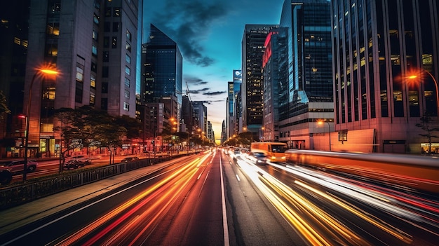 Paisagem urbana com uma rua movimentada dramática do céu com cores vibrantes de edifícios altos e modernos