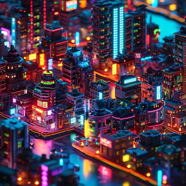 paisagem urbana cyberpunk vibrante à noite luzes de néon iluminando arranha-céus imponentes