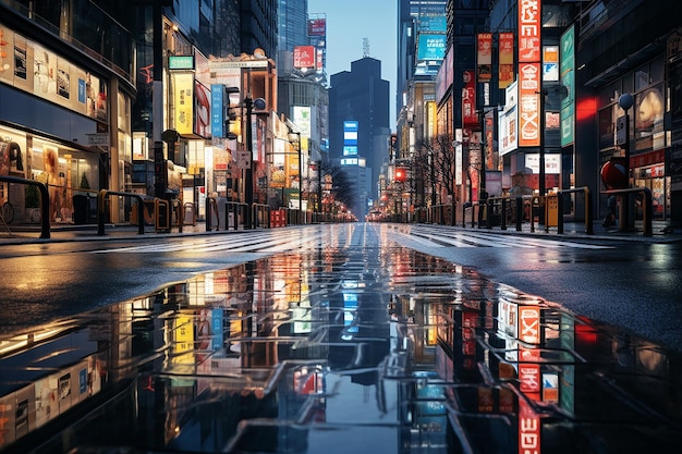 Paisagem urbana da estrada na cidade de Tóquio depois da chuva à noite cercada por prédios de lojas