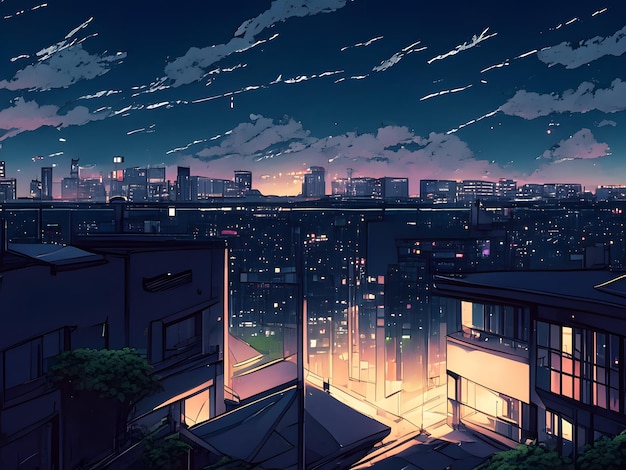 paisagem urbana de anime à noite