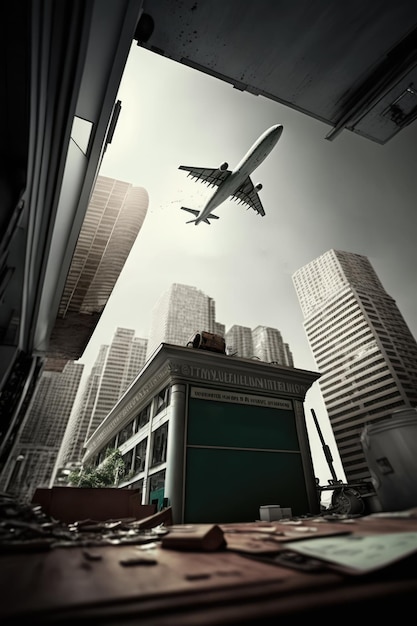 Paisagem urbana de arranha-céus modernos sobre avião no céu usando tecnologia generativa de IA