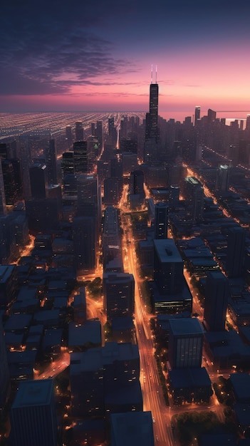 Paisagem urbana de chicago ao entardecer com luzes do horizonte Generative AI