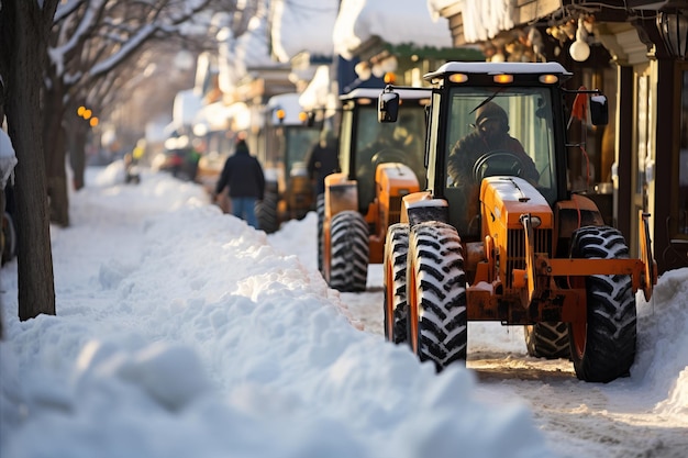 Paisagem urbana de inverno coberta de neve pristina com limpa-neves removendo a neve das estradas