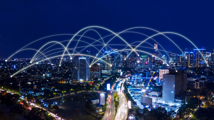 Foto paisagem urbana de jacarta com rede de conexão à noite