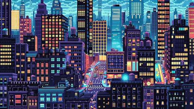 Paisagem urbana de pixel art retrô com arranha-céus Paisagem urbana retrô arranha-céu edifícios arquitetura urbana vintage nostalgia skyline Gerado por AI