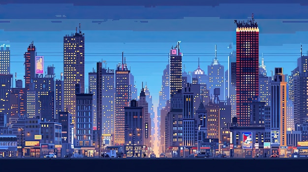 Paisagem urbana de pixel art retrô com arranha-céus Paisagem urbana retrô de pixel art arranha-céu edifícios arquitetura urbana vintage nostalgia skyline Gerado por AI