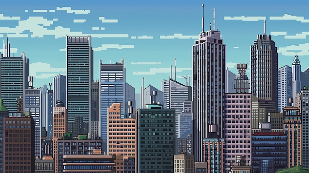 Paisagem urbana de pixel art retrô com arranha-céus Paisagem urbana retrô de pixel art arranha-céu edifícios arquitetura urbana vintage nostalgia skyline Gerado por AI