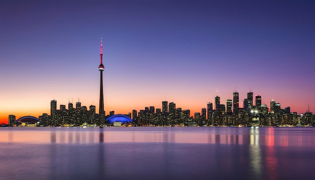 Paisagem urbana de Toronto no crepúsculo com a CN Tower