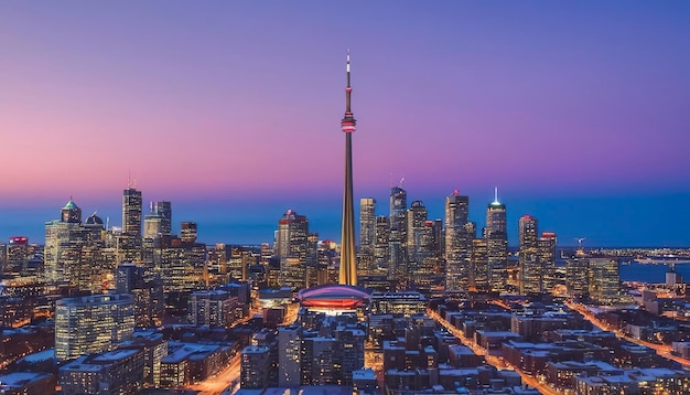 Paisagem urbana de Toronto no crepúsculo com a CN Tower