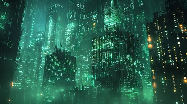 Paisagem urbana digital futurista com código verde brilhante e ruas NeonLit