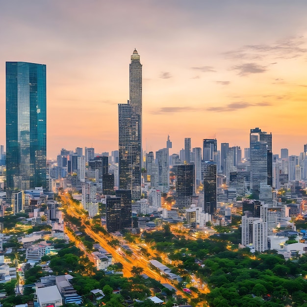 Paisagem urbana do distrito comercial de Bangkok com arranha-céu no crepúsculo Tailândia ai gerado