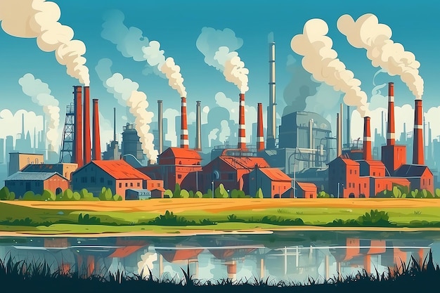 Paisagem urbana e rural Ecologia proteção ambiental produção fábrica planta poluição fumaça edifício ilustrações planas vetoriais