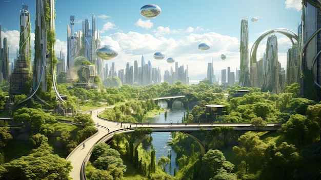 Paisagem urbana ecofuturista repleta de parques verdes e espaços verdes na área urbana