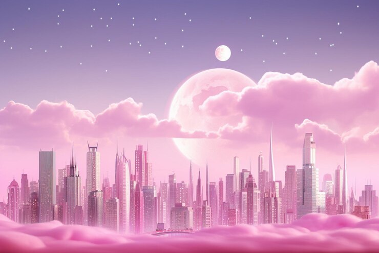 Foto paisagem urbana em rosa e azul com uma grande lua