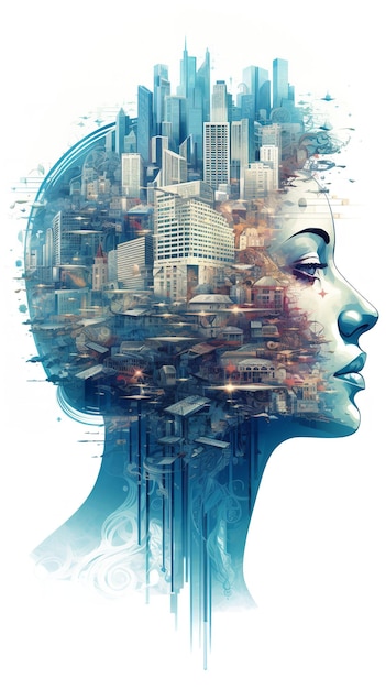 Paisagem urbana emergindo da cabeça de uma mulher IA generativa