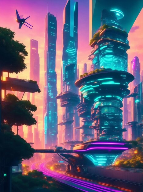 Paisagem urbana futurista ao pôr do sol Generative AI Illustration