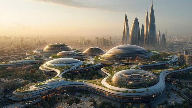Paisagem urbana futurista com arquitetura sustentável, telhados verdes e fontes de energia renováveis