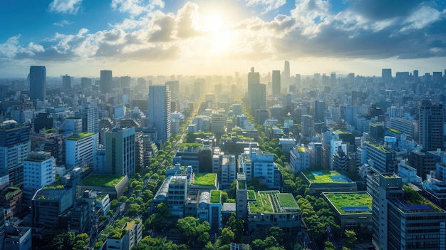 Paisagem urbana futurista com arquitetura sustentável, telhados verdes e fontes de energia renováveis