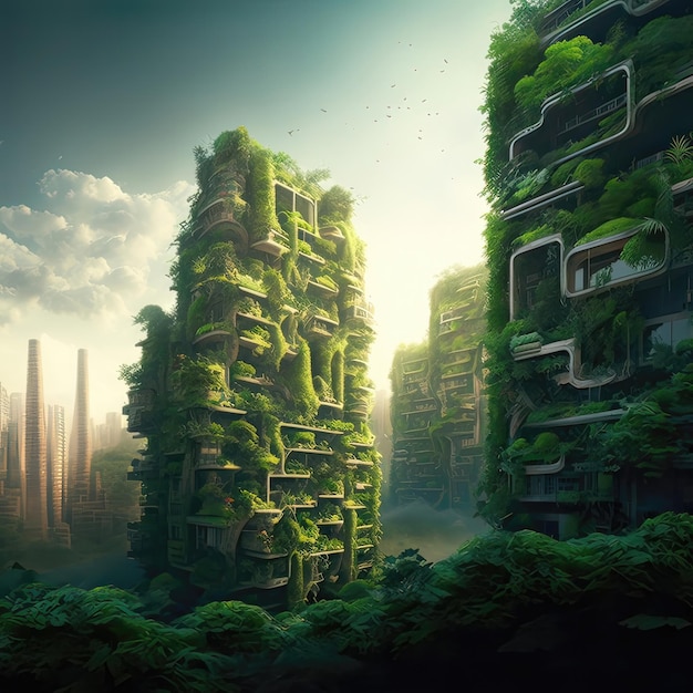 Paisagem urbana futurista com arranha-céus e florestas verdejantes coexistindo em harmonia O ar é limpo e as ruas estão livres de poluição AI