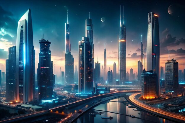 paisagem urbana futurista com arranha-céus elegantes luzes de néon e veículos voadores