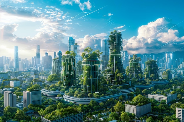 Paisagem urbana futurista com arranha-céus verdes e arquitetura urbana sustentável sob o céu