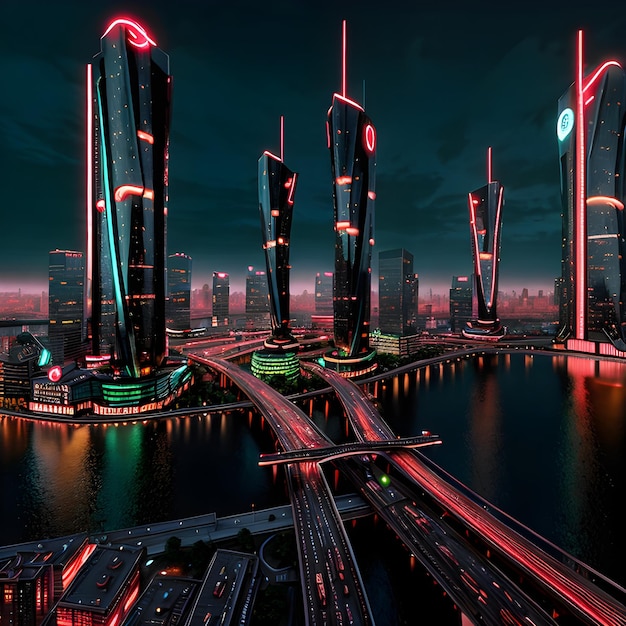 Paisagem urbana futurista com elementos de tecnologia avançada iluminação realista de néon