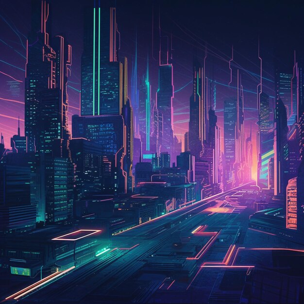 Foto paisagem urbana futurista com luzes de néon e uma rua de néon generativa ai