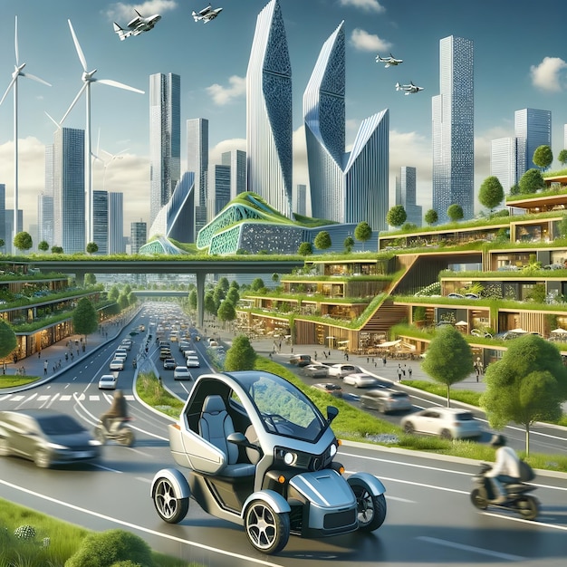 Paisagem urbana futurista com tecnologias sustentáveis e transportes ecológicos