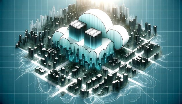 Paisagem urbana futurista da metrópole digital com estruturas de computação em nuvem brilhantes