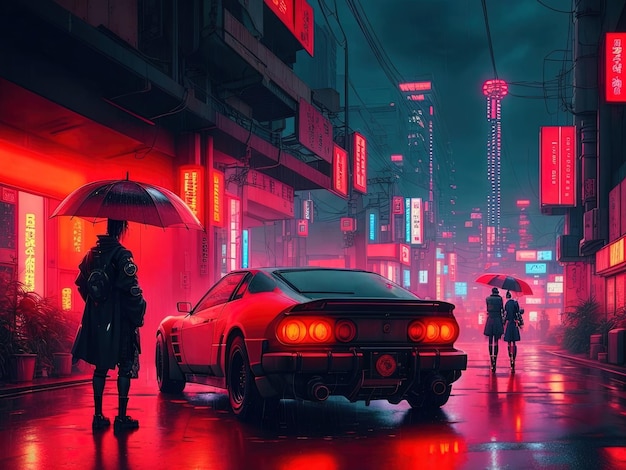 Paisagem urbana futurista de cyberpunk em luzes de neon