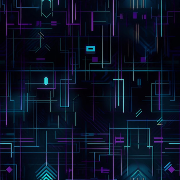 Paisagem urbana futurista de Cyberpunk sem costura com fundo padrão de linhas neon