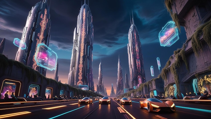 Foto paisagem urbana futurista de ficção científica à noite arranha-céus neonlit e anúncios holográficos