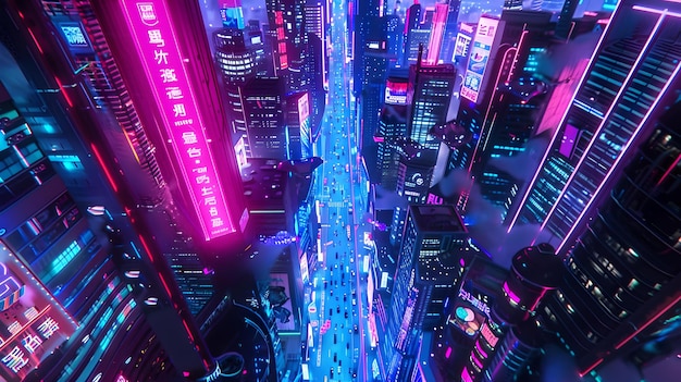 Paisagem urbana futurista de néon à noite com cores vivas vista aérea de luzes urbanas e arranha-céus estilo cidade cyberpunk metrópole fundo AI