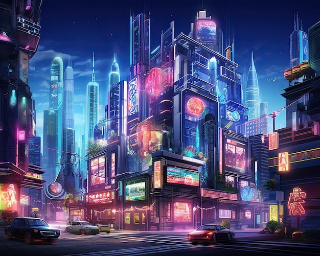 Paisagem urbana futurista de néon à noite