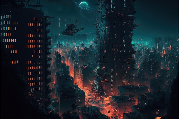 Paisagem urbana futurista durante a noite com fundo de luz neon