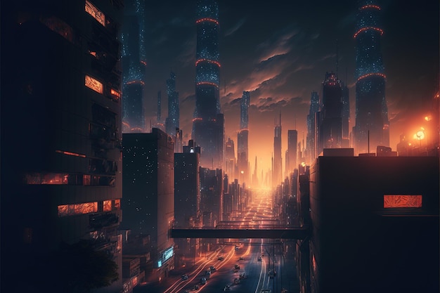 Paisagem urbana futurista durante a noite com fundo de luz neon