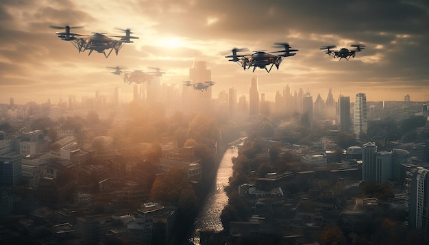Paisagem urbana futurista em chamas com vigilância drone brilhante gerada por IA