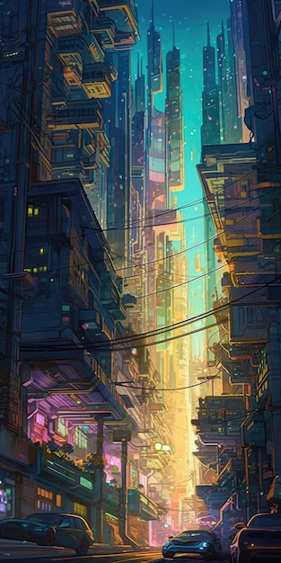 Paisagem urbana futurista em estilo neoimpressionista