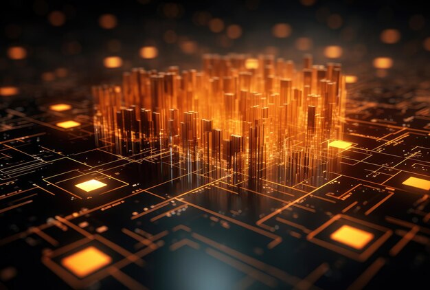 Foto paisagem urbana futurista em ilustração de placa de circuito eletrônico