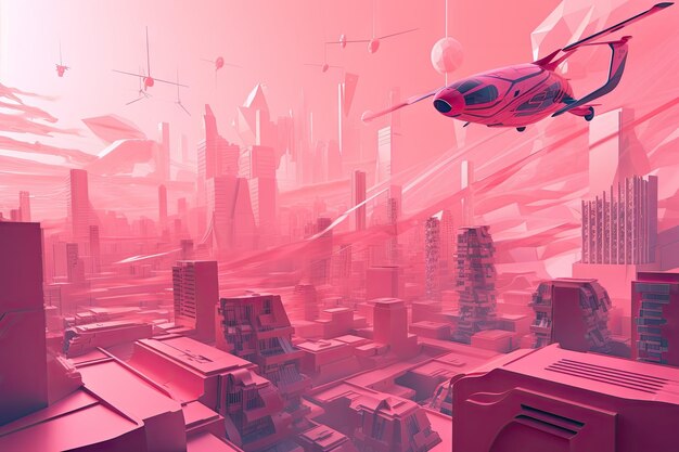 Foto paisagem urbana futurista rosa com arranha-céus e carros voadores