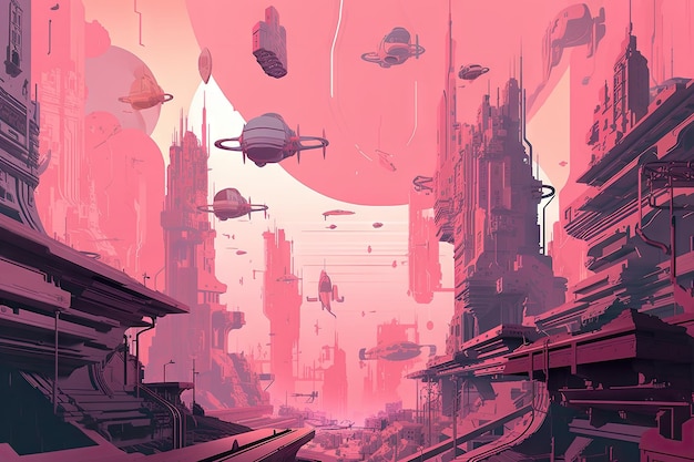 Paisagem urbana futurista rosa com arranha-céus e veículos voadores