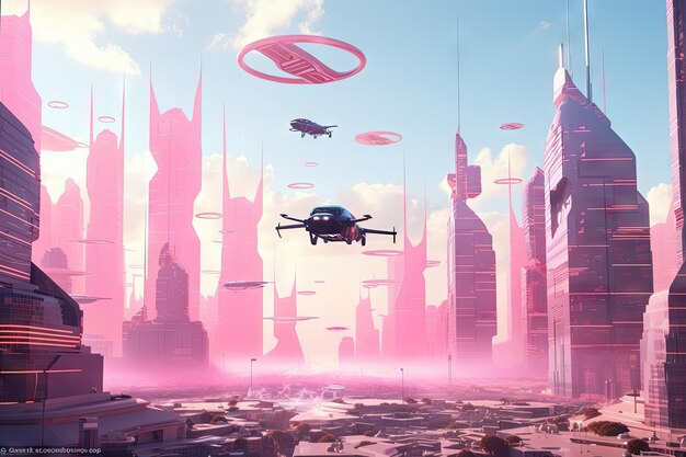 Paisagem urbana futurista rosa com prédios altos e carros voadores no futuro