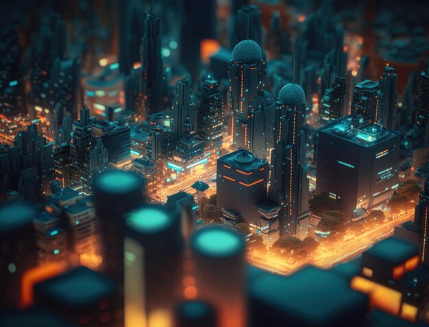 Paisagem urbana futurista vista isométrica Cidade noturna Criada com tecnologia Generative AI