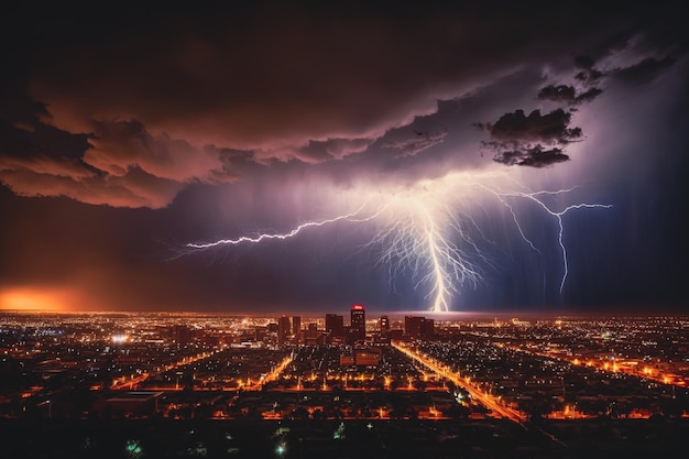 Paisagem urbana iluminada por raios à noite, uma visão dramática do horizonte IA generativa