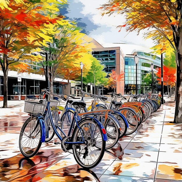 Paisagem urbana impressionista com suportes artísticos para bicicletas