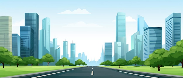 Paisagem urbana moderna com arranha-céus e estrada vazia