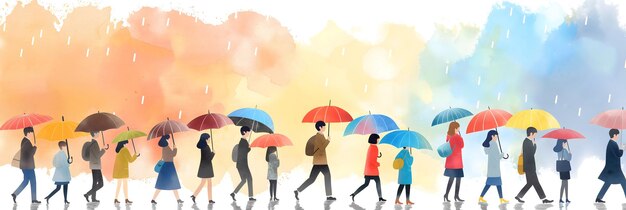 paisagem urbana moderna com pedestres carregando guarda-chuvas coloridos ilustração a aquarela plana