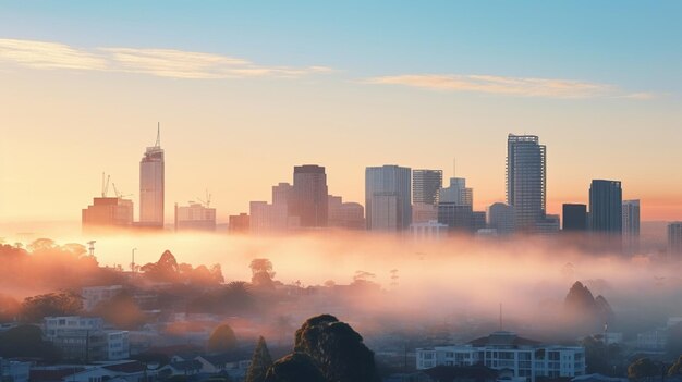 Foto paisagem urbana nascer do sol com fundo de névoa