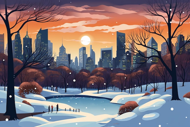 paisagem urbana nevada com pessoas andando no parque ao pôr do sol gerador de IA